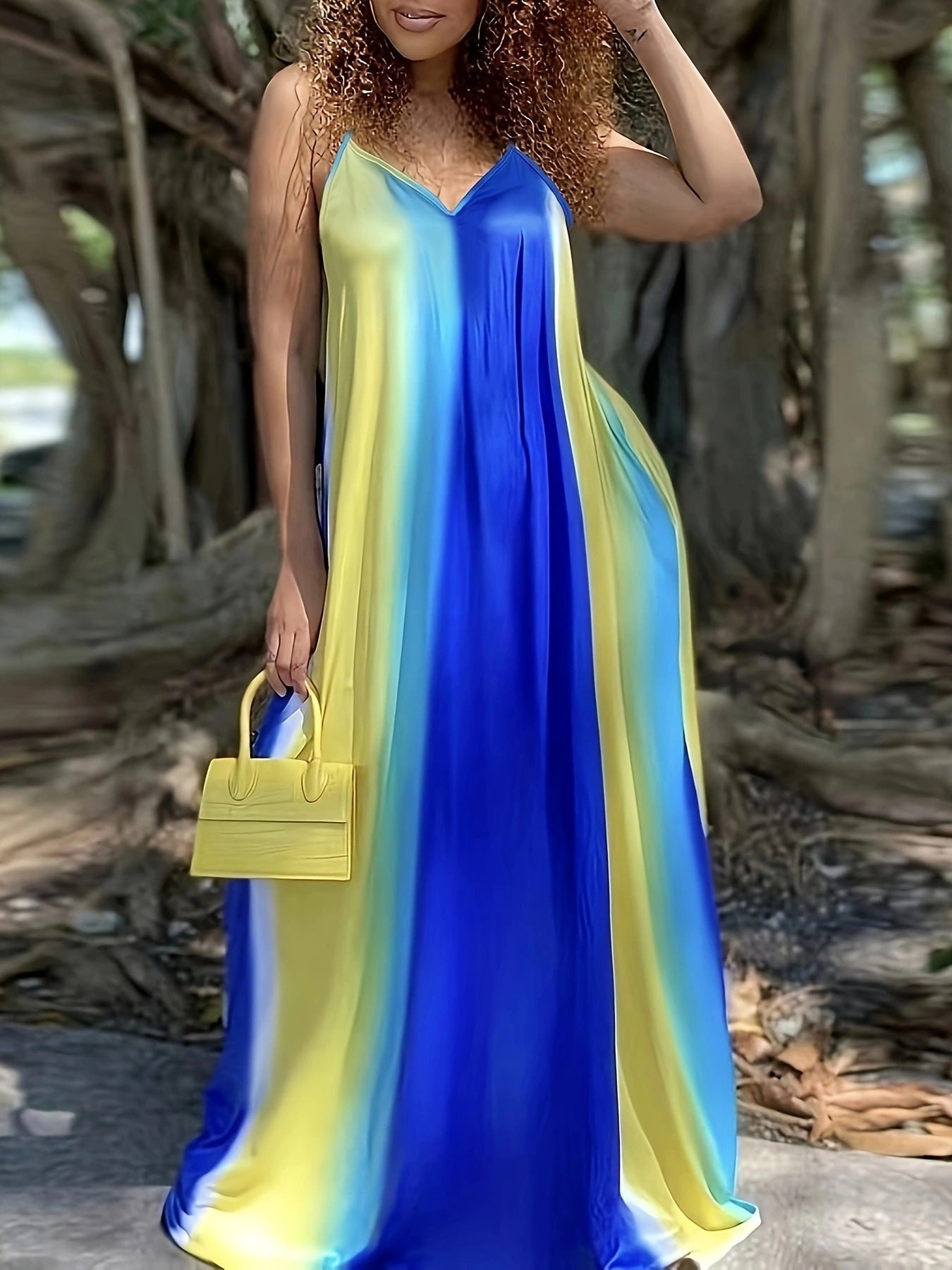 Damen luftiges Maxikleid mit schmalen Spaghettiträgern und fließendem Schnitt R&B
