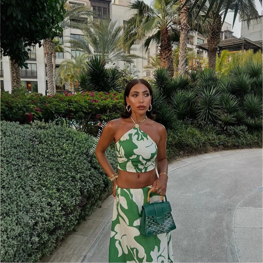 Damen Set aus Crop-Top und Maxiröcken mit floralem Design R&B