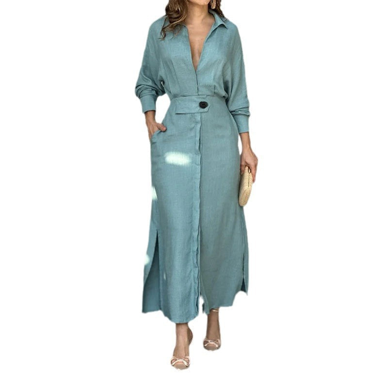Damen elegantes Hemdblusenkleid mit Taillengürtel und seitlichen Schlitzen R&B