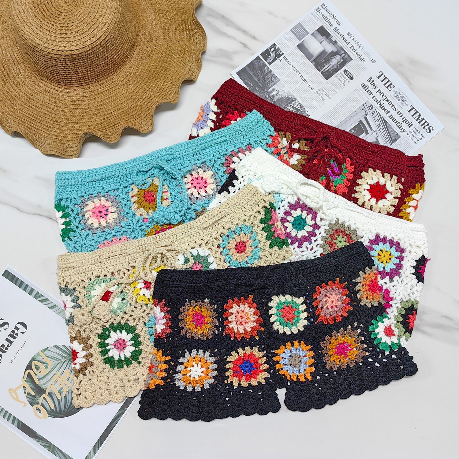 Damen Häkelshorts mit buntem Granny-Quadrat-Muster R&B