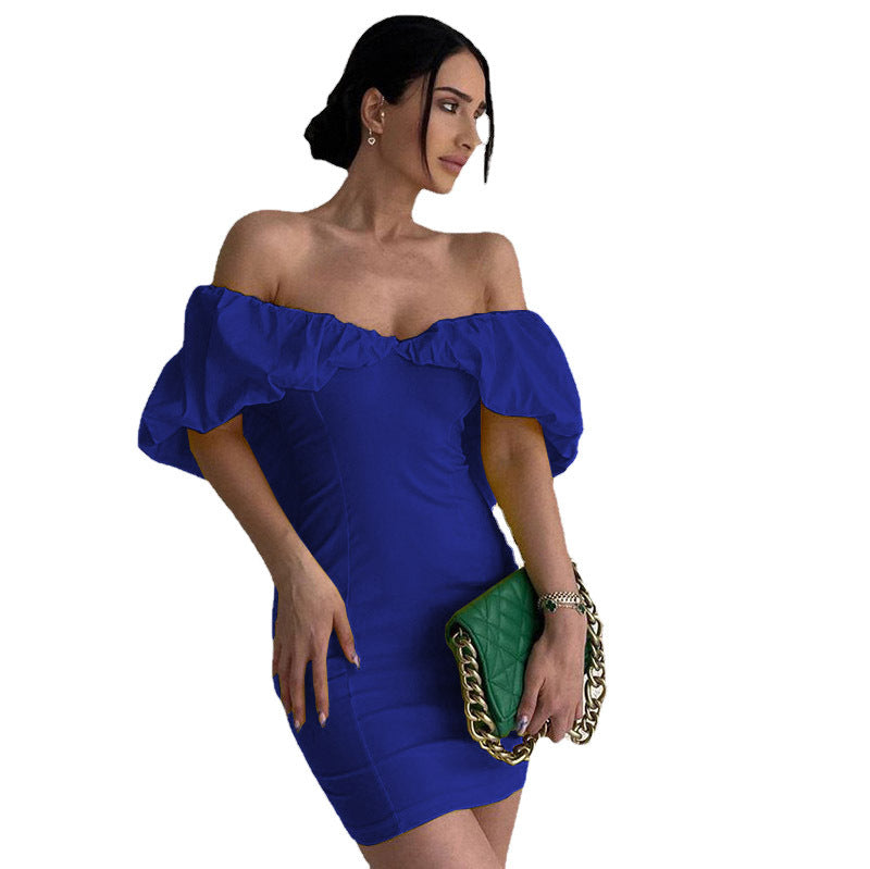 Damen Kurzarm Minikleid mit schulterfreiem Design und Rüschensaum R&B
