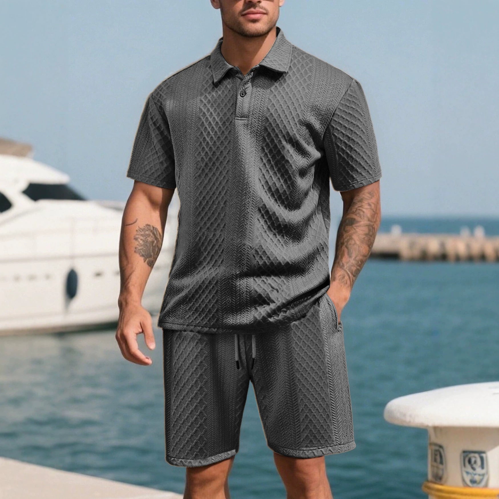 Herren nan strukturierte Lounge-Shorts mit Elastikbund Tunnelzug und seitlichen Eingrifftaschen R&B