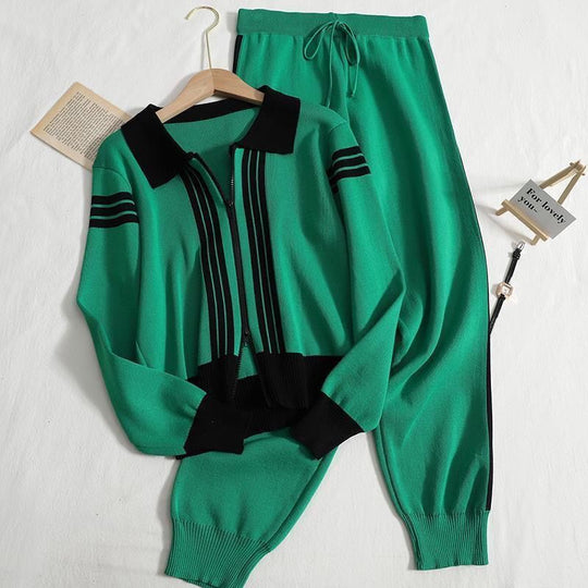Damen modisches Strick-Loungewear-Set mit Reißverschluss und sportlichen Details R&B