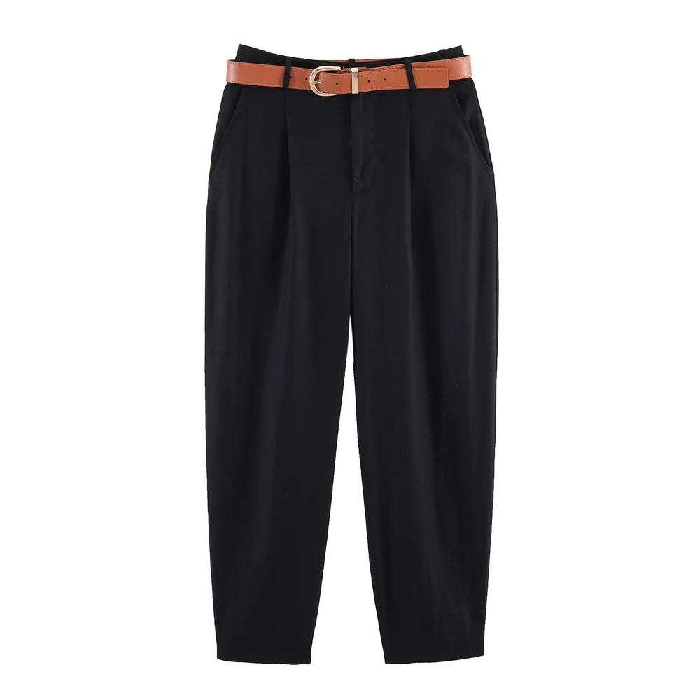 Damen hochwertige, ausgestellte Leinenhose mit modischem Gürtel R&B