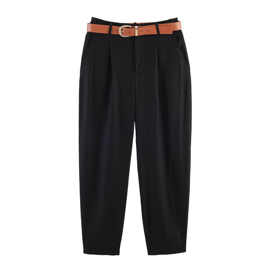 Damen hochwertige, ausgestellte Leinenhose mit modischem Gürtel R&B