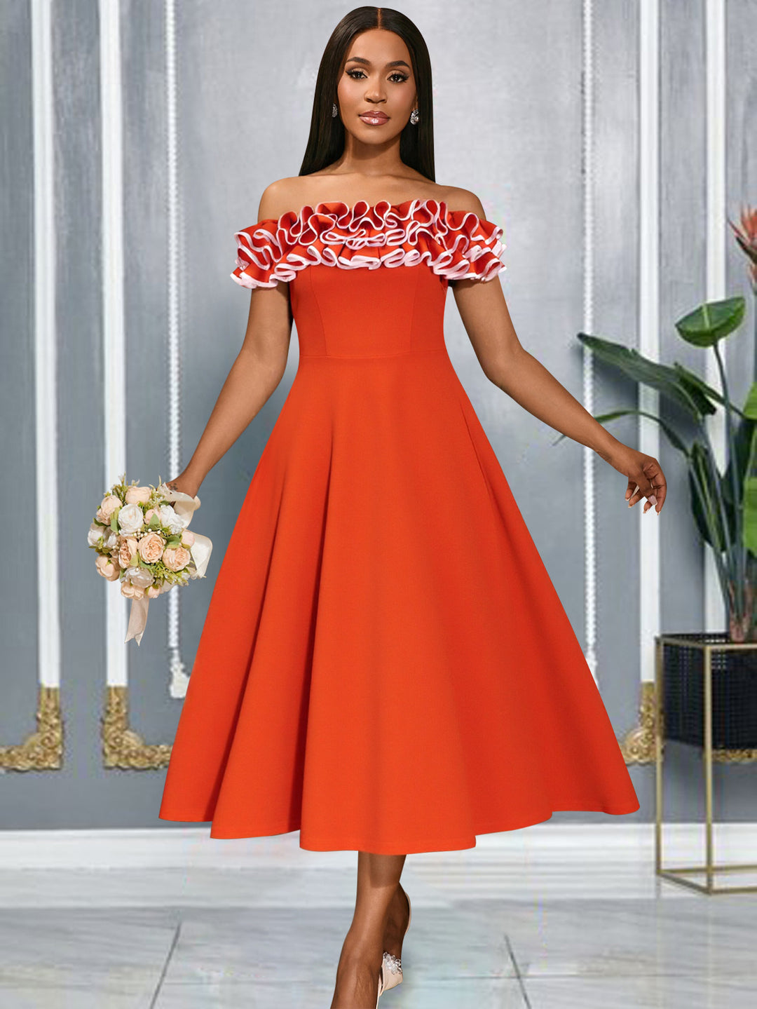 Damen A-Linien Abendkleid mit Off-Shoulder Rüsche R&B