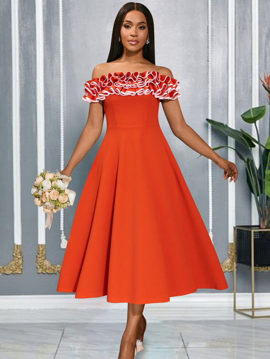 Damen A-Linien Abendkleid mit Off-Shoulder Rüsche R&B