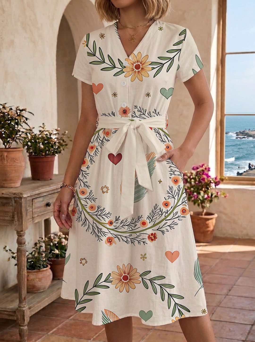 Damen lässiges Maxikleid mit taillierbarem Knoten und dekorativem Karomuster R&B