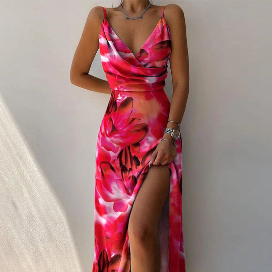 R&B | Kleid mit Hosenträgern und V-Ausschnitt mit geteiltem Print
