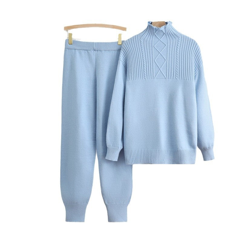 Damen gemütliches Strick-Loungewear-Set mit hohem Kragen und Rippstruktur R&B