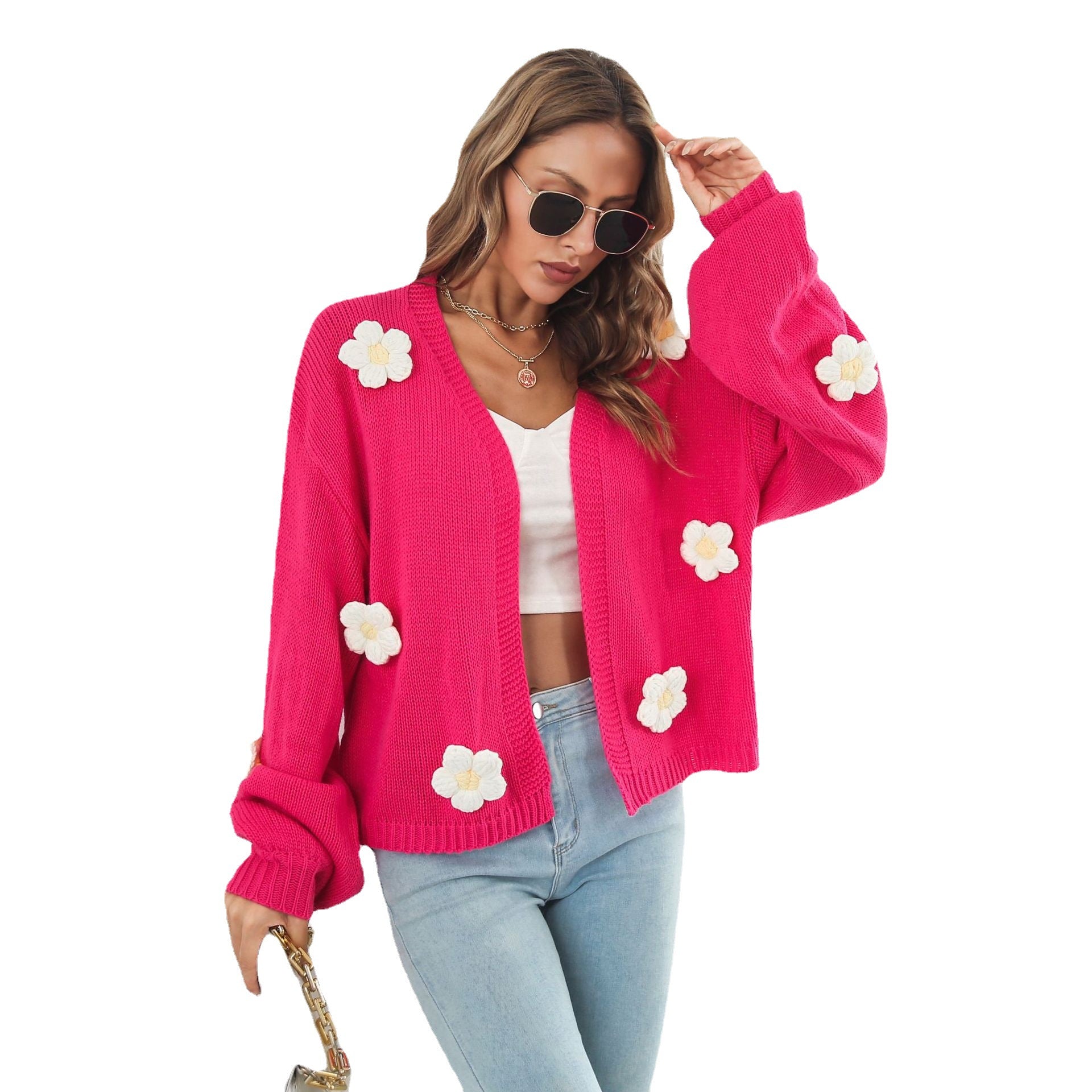 Damen Strickjacke mit floralen Applikationen und lässigem Schnitt R&B