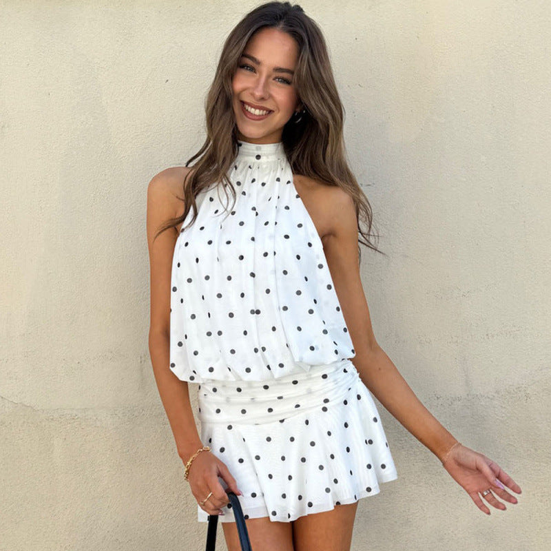 Damen verspieltes Polka-Dot Top mit lässigem Schnitt und hohem Kragen R&B