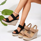 Damen nan Keilabsatz-Sandalen mit elastischen Textilriemen und geflochtenem Bast-Plateau R&B
