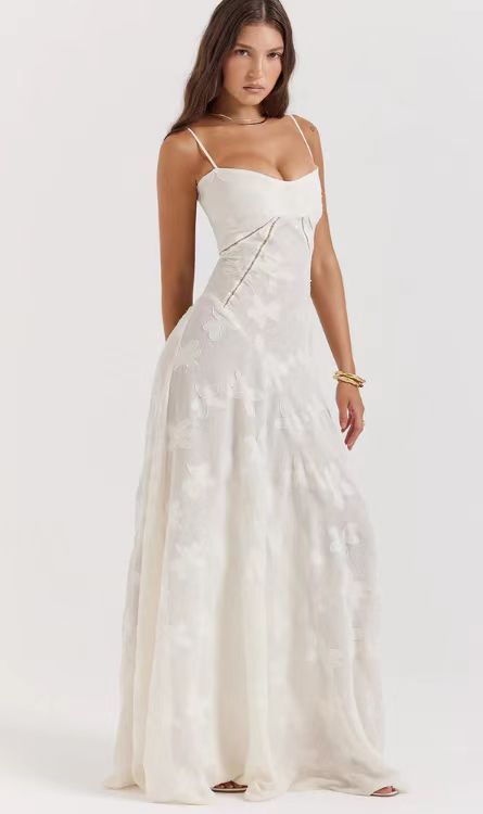 Damen elegantes Abendkleid mit feinen Spitzenverzierungen und Spaghettiträgern R&B