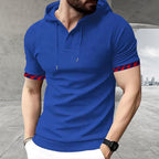 Herren nan schmal geschnittenes Kurzarm-Kapuzenshirt im Polostil mit Henley-Ausschnitt und karierter Ärmelmanschette R&B