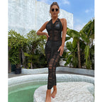Damen elegantes Netzkleid mit tiefem V-Ausschnitt und figurbetonter Silhouette R&B