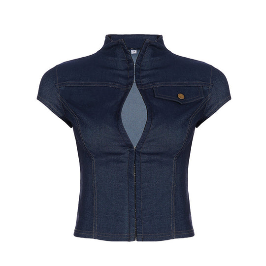 Damen modische Kurzarm Denim-Bluse mit eleganter Knopf-Detailierung R&B