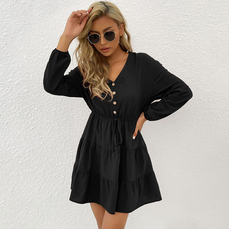 Damen Midi-Kleid mit knöpfbarem Ausschnitt und Taillenbindung R&B
