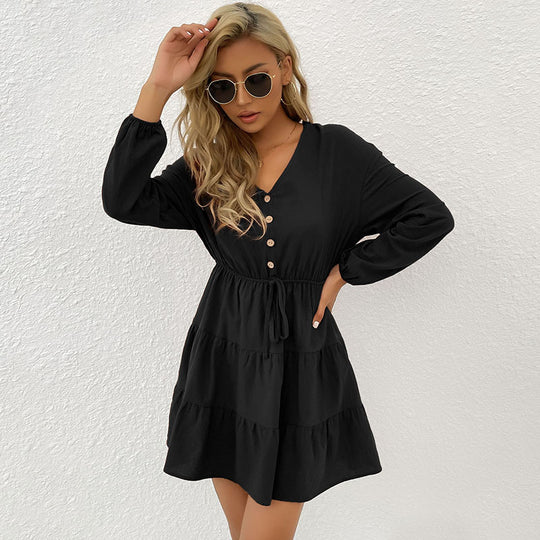 Damen Midi-Kleid mit knöpfbarem Ausschnitt und Taillenbindung R&B