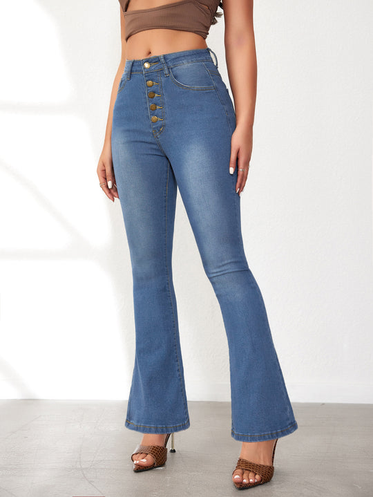 Damen Flared Jeans mit hohen Bund und modischen Knopfdetails R&B
