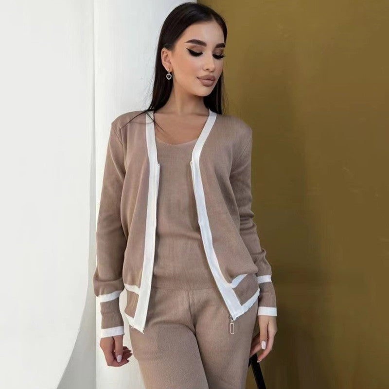Damen lässiges Strick-Loungewear-Set mit hochwertigem Zip-Cardigan und Weitbein-Hosen R&B