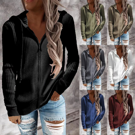 Damen nan gerippter Kapuzen-Zip-Hoodie mit halbem Reißverschluss und Kängurutaschen R&B
