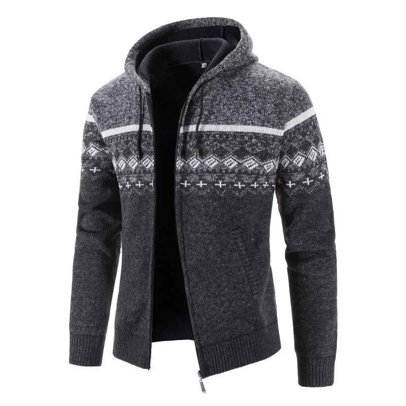 Herren Strickjacke mit modernem Norweger-Muster und hohen Kragen R&B