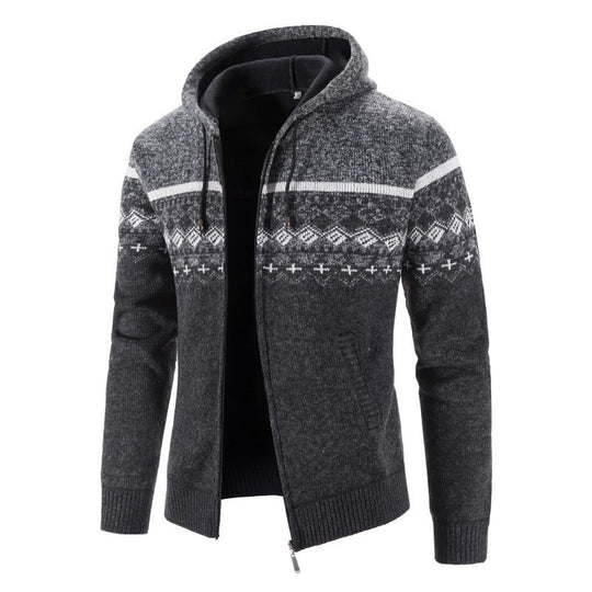 Herren Strickjacke mit modernem Norweger-Muster und hohen Kragen R&B