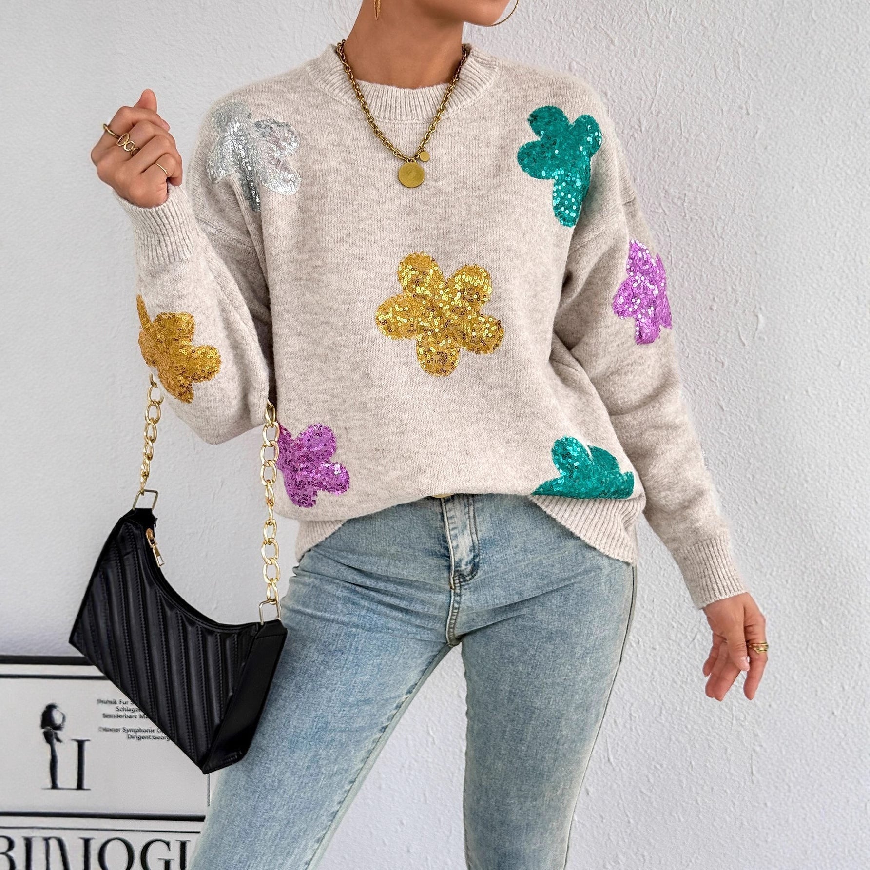 Damen Strickpullover mit glitzernden Blütenapplikationen R&B