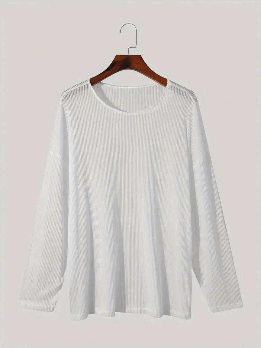 Damen nan locker fallendes Langarm-Feinstrickshirt mit feinem Rippenmuster und Rundhalsausschnitt R&B