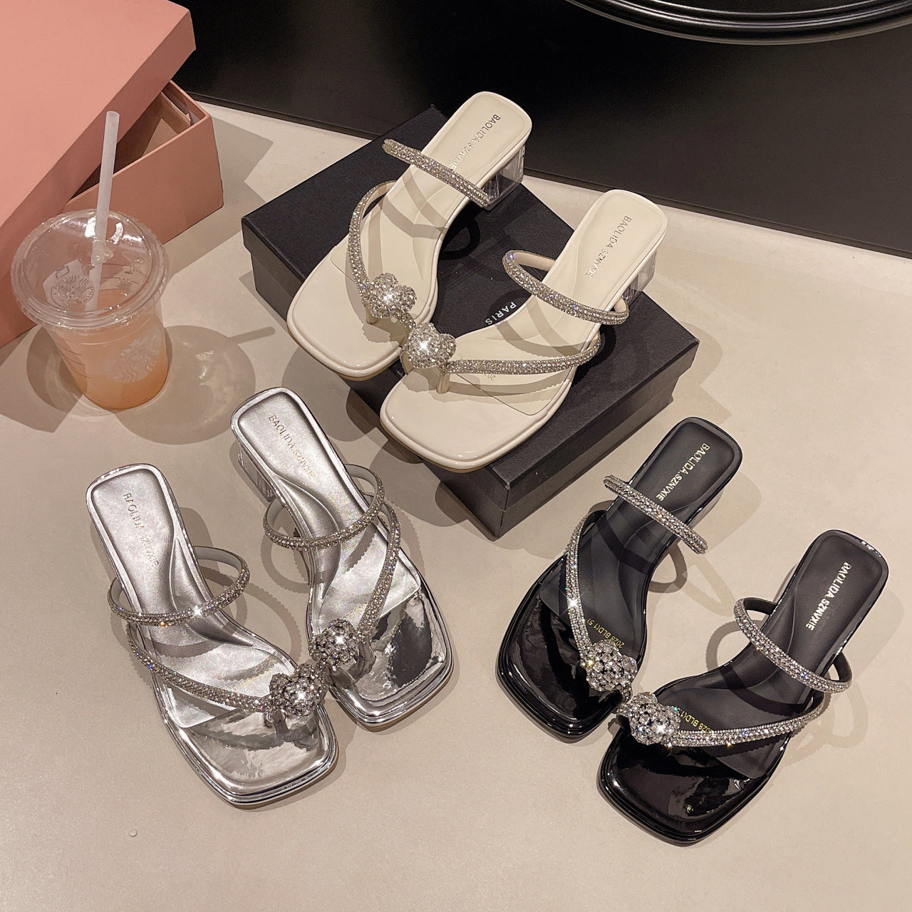 Damen Elegante Riemchen-Sandalen mit funkelndem Blockabsatz
