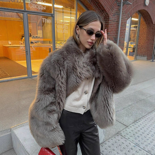 Damen luxuriöse Kunstfelljacke mit voluminösen Ärmeln R&B