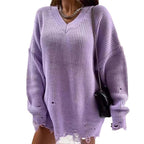Damen Grobstrick Pullover mit V-Ausschnitt und lässigem Schnitt R&B