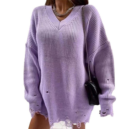 Damen Grobstrick Pullover mit V-Ausschnitt und lässigem Schnitt R&B