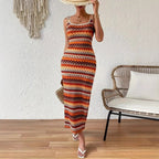 Damen Maxikleid mit geometrischem Muster und seitlichem Schlitz R&B