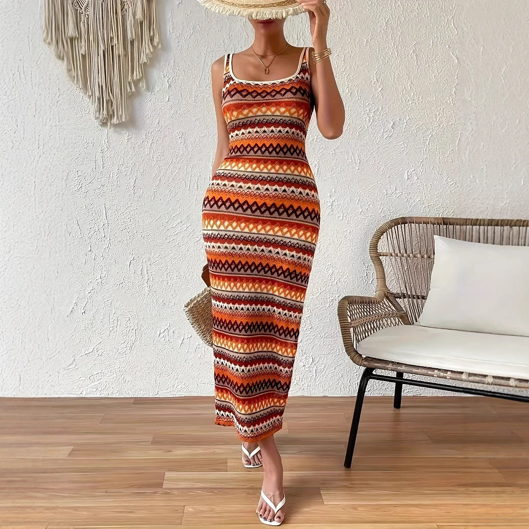 Damen Maxikleid mit geometrischem Muster und seitlichem Schlitz R&B