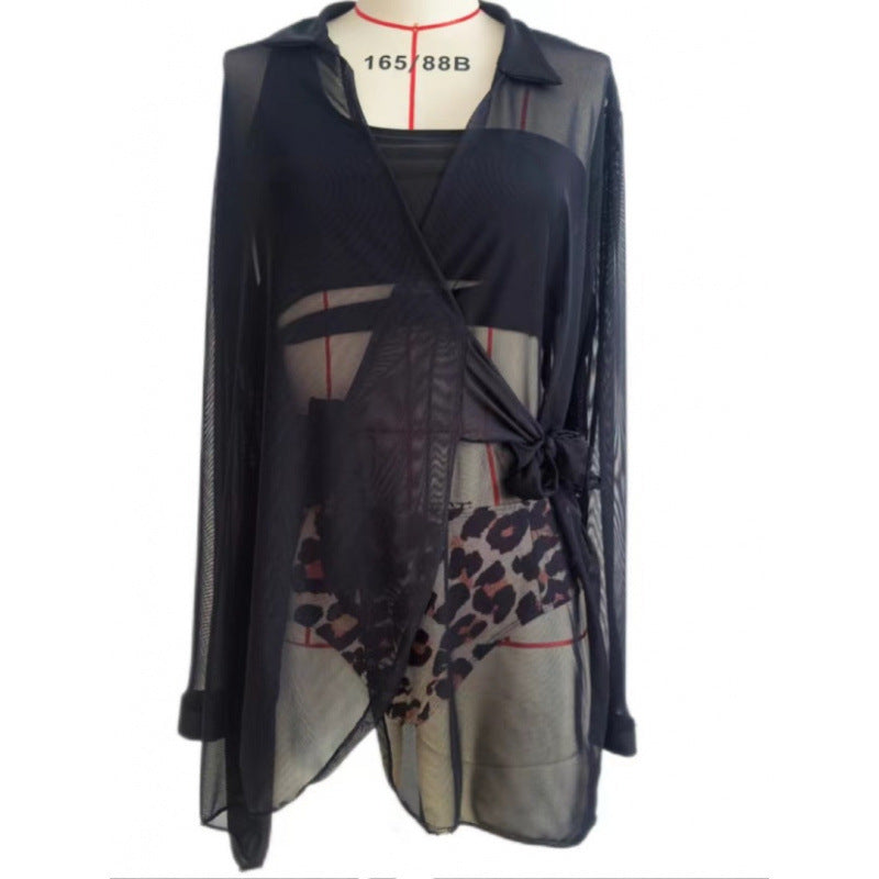 Damen Strandüberwurf mit elegantem Wickeldetail und transparentem Stoff R&B