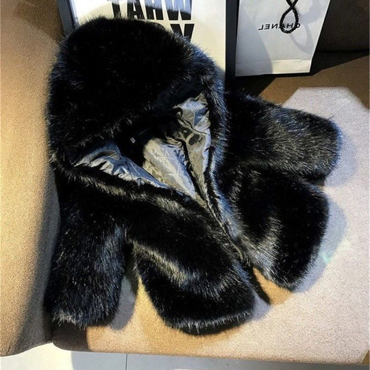 Damen Elegante Kunstfelljacke mit voluminösem Kragen und Schalkragen R&B