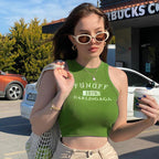 Damen sportliches Crop-Top mit stylischem Schriftzug und hochgeschlossenem Design R&B