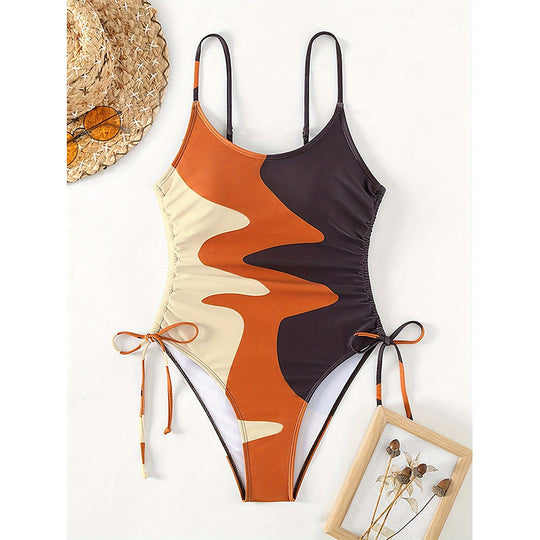 Damen Einteiler Badeanzug mit asymmetrischem Muster und verstellbarem Bindeband R&B