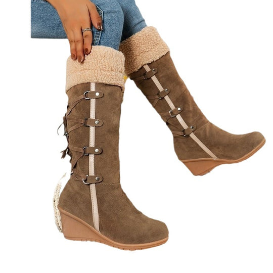 Damen Wedge-Stiefel aus hochwertigem Wildleder mit modischem Falten-Design R&B