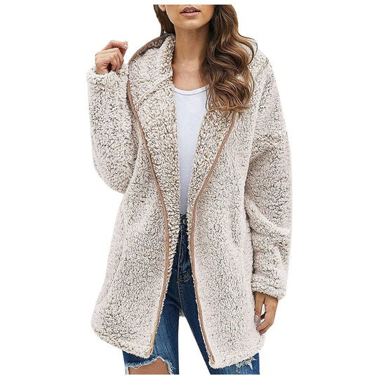 Damen Flauschige Kapuzenjacke im oversized Schnitt mit Eingrifftaschen und Reißverschluss R&B