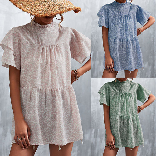Damen luftiges Freizeitkleid mit voluminösen Rüschen und hohem Stehkragen R&B