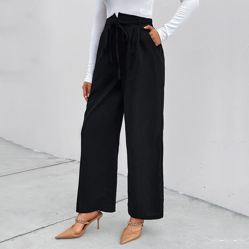 Damen elegante Palazzo-Hose mit hohem Bund und Bindegürtel R&B
