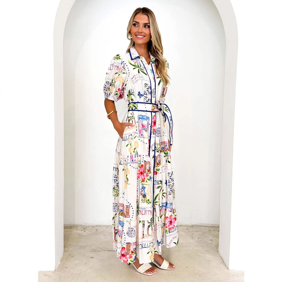 Damen Maxikleid mit buntem floralem Druck und einem eleganten Gürtel R&B