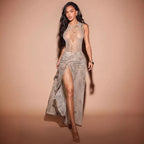 Damen Maxikleid mit raffinierten Drapierungen und hohem Schlitz R&B