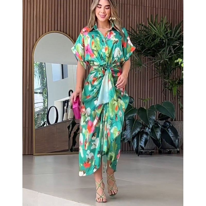 Damen luftiger Kaftan mit floralem Design und dekorativem Knoten R&B