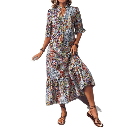 Damen Maxikleid mit buntem Paisley-Muster und modischem Volant R&B