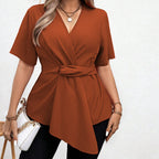 Damen Wickelbluse mit asymmetrischem Saum und Taillengürtel R&B