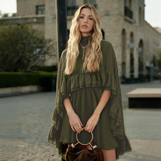 Damen Elegantes Rüschendress mit hochgeschlossenem Ausschnitt und fließendem Schnitt R&B